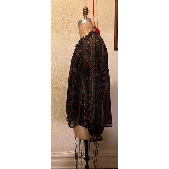 Hailey & Co Smocked Print Long Sleeve Tie Neck Blouse Top Size L - Picture 4 of 9